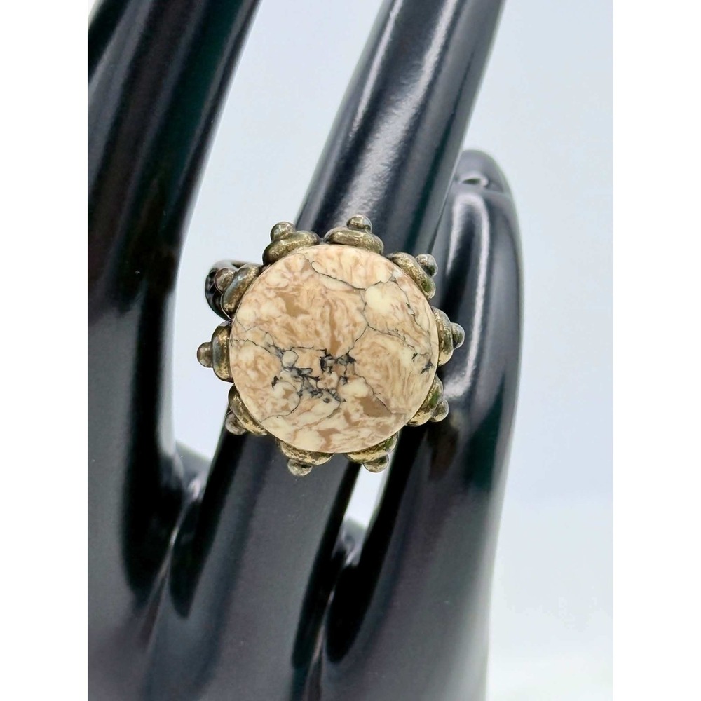 Vintage Jasper Statement Ring Silver Tone Round Marbled Stone Boho Size 7.5